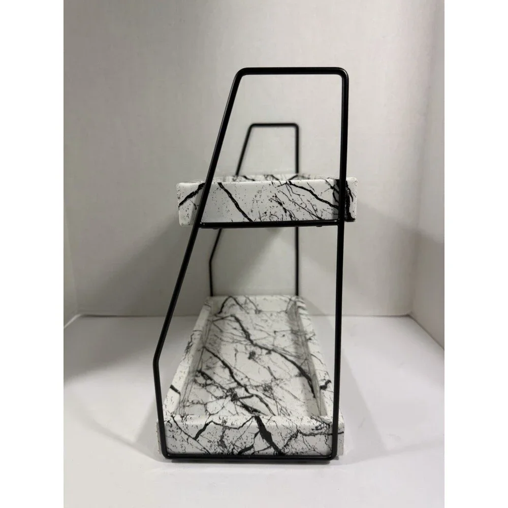 Bonsso White Faux Marble Bathroom Counter Organizer Storage 2 Tier Shelf New